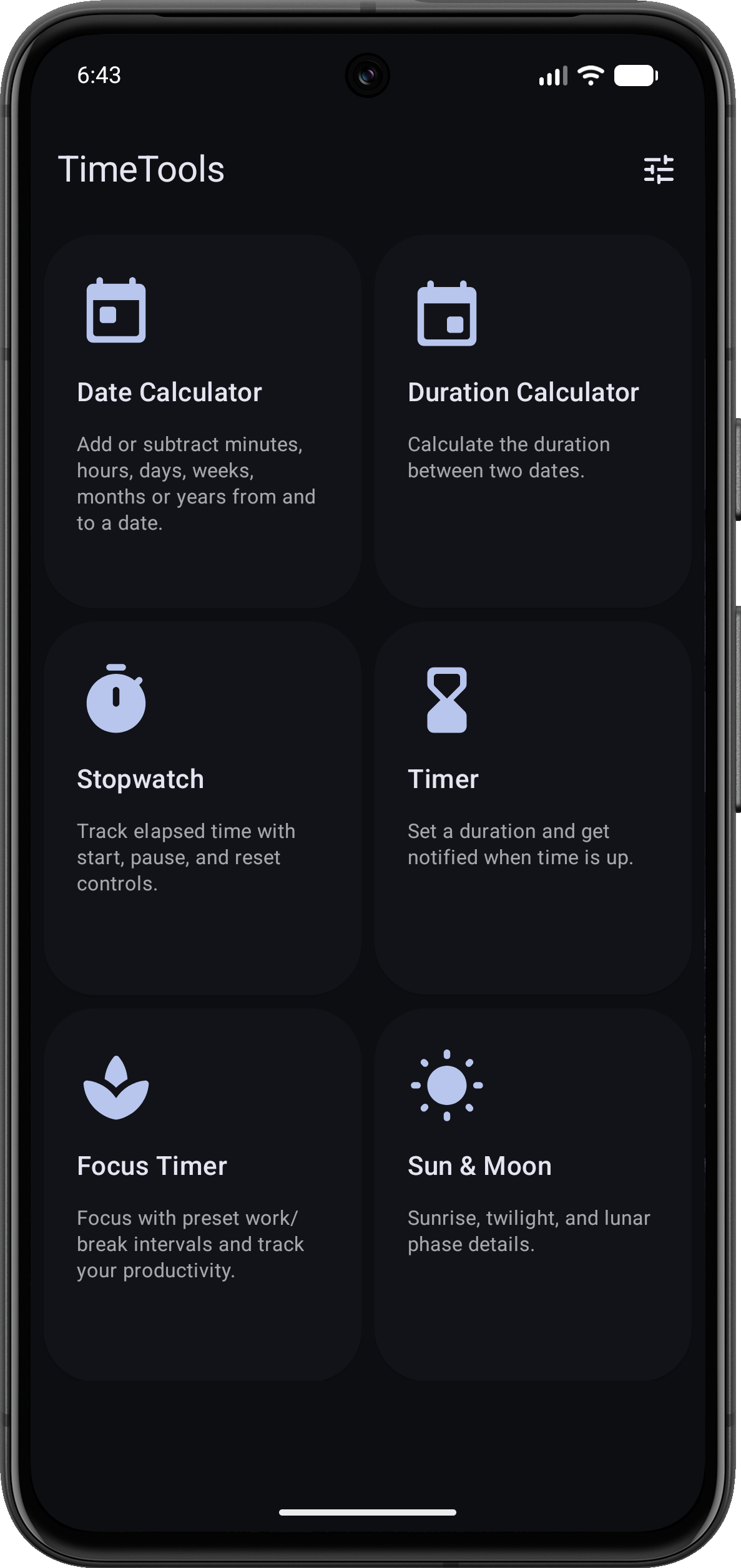 TimeTools app home screen